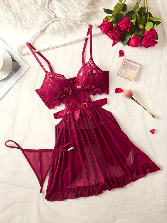 Seductive Burgundy Lace Spaghetti Strap Dress Set – Hollow-Out Design & Ruffle Hem