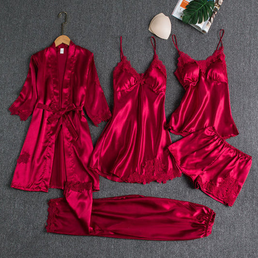 5-Piece Pure Silk Pajama Set – Cami Top, Nightgown & Lace Robe Sleepwear