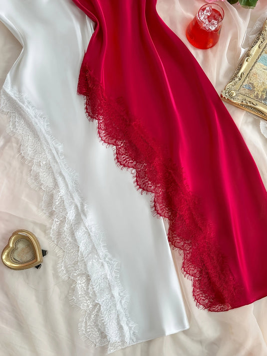 2-Piece Elegant Lace Nightgown Set – Red & White, Long Sleeve Comfort