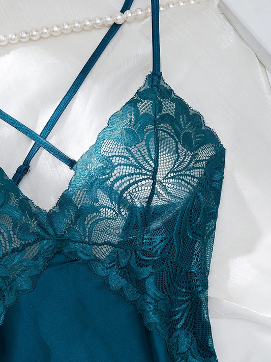 Blue Floral Lace Spaghetti Strap Dress – Backless with Ruched Details