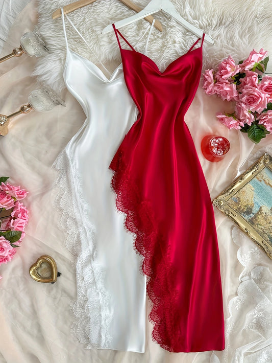 2-Piece Elegant Lace Nightgown Set – Red & White, Long Sleeve Comfort