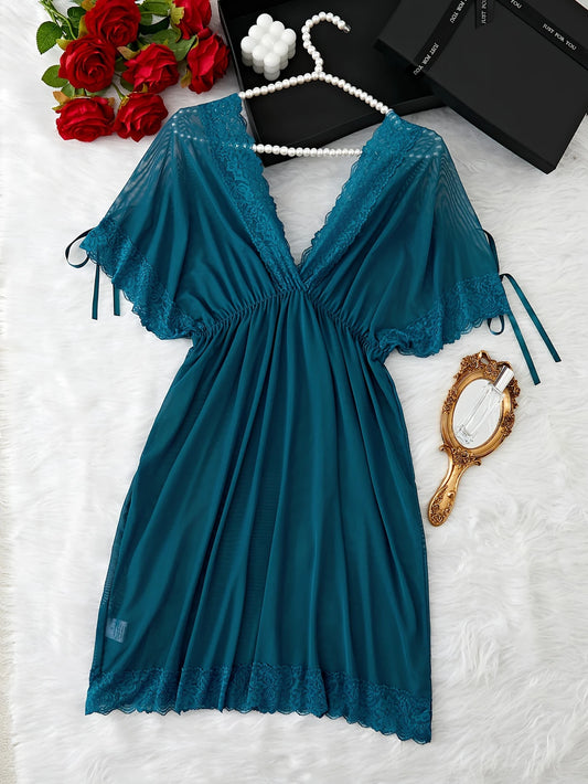 Elegant Semi-Sheer Lace Trim Sleepwear – Batwing Sleeve & Nipped Waist Design