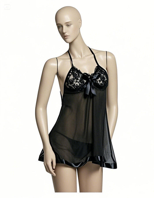 Net nighty gown (2 piece set) black Transparent -