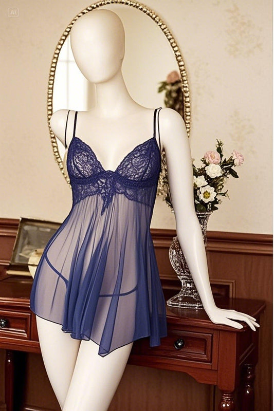 Sexy Blue Short Nighty For Girls Floral Lace lingerie sleepwear for Women